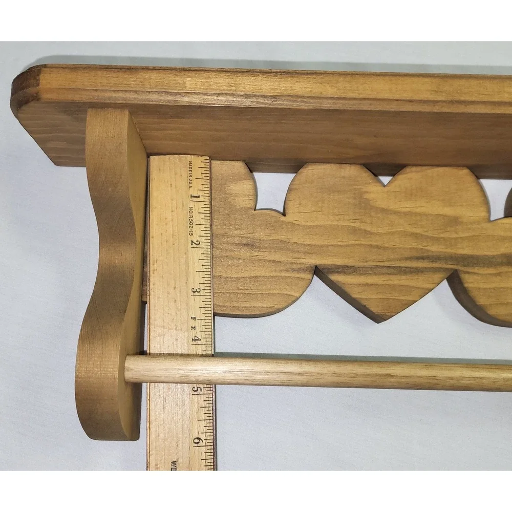 Vintage Wooden Heart Wall Shelf Towel Bar Medium Brown Country Farmhouse Rustic